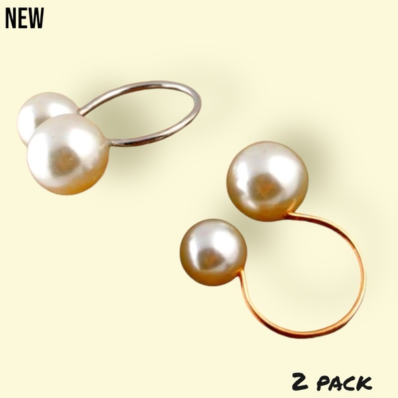 💝New 2 Ring Set Silver & Gold Faux Pearl Adjustable Rings - Picture 3 of 7